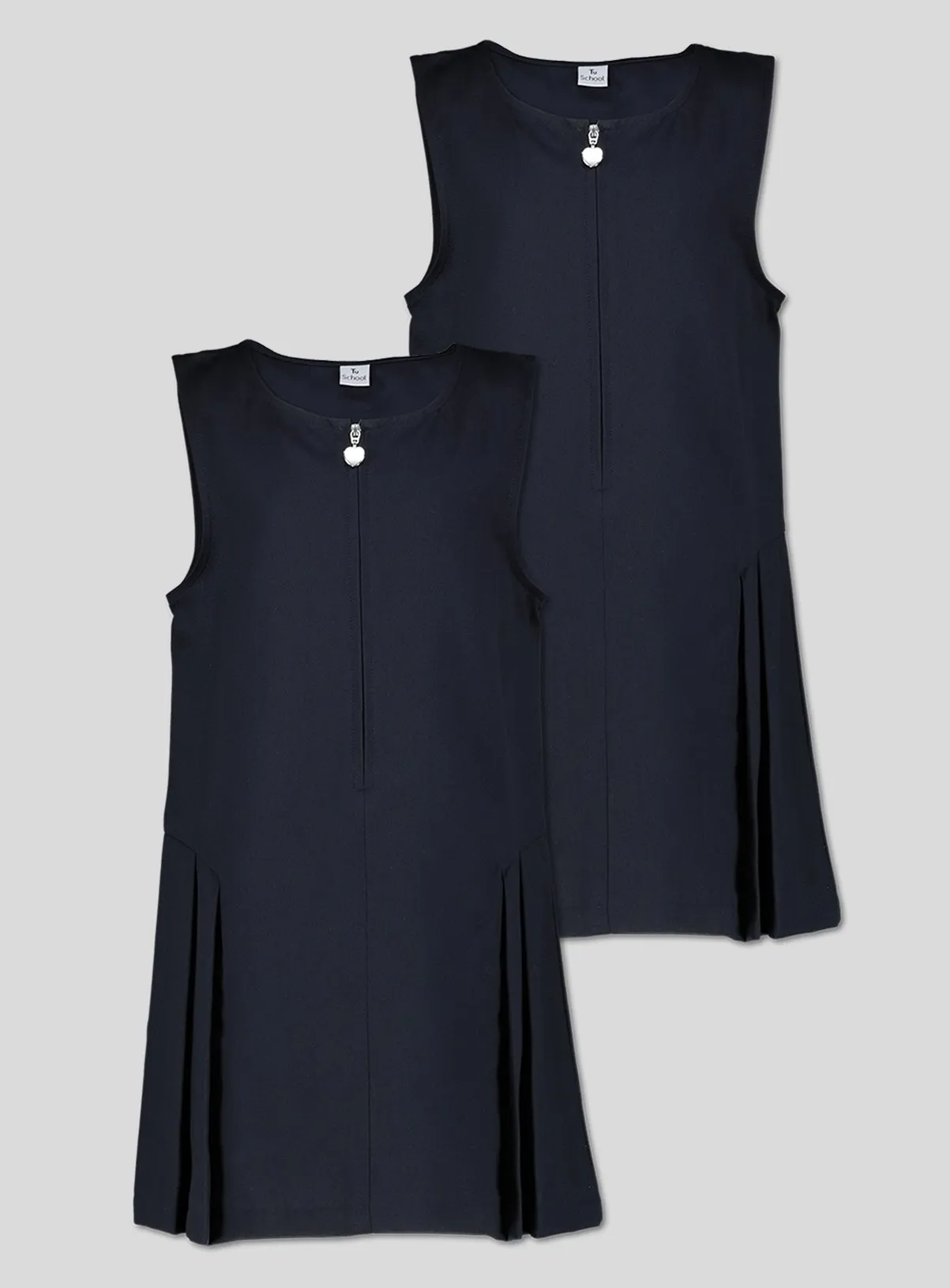 Buy Navy Zip Front Pleated Plus Fit Pinafore 2 Pack 4 years | School dresses | Tu