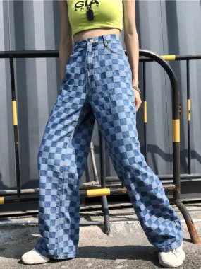 Checked Women's Jeans Autumn 2023 New High Waist Wide Leg Loose Straight Denim Pants Female Trousers