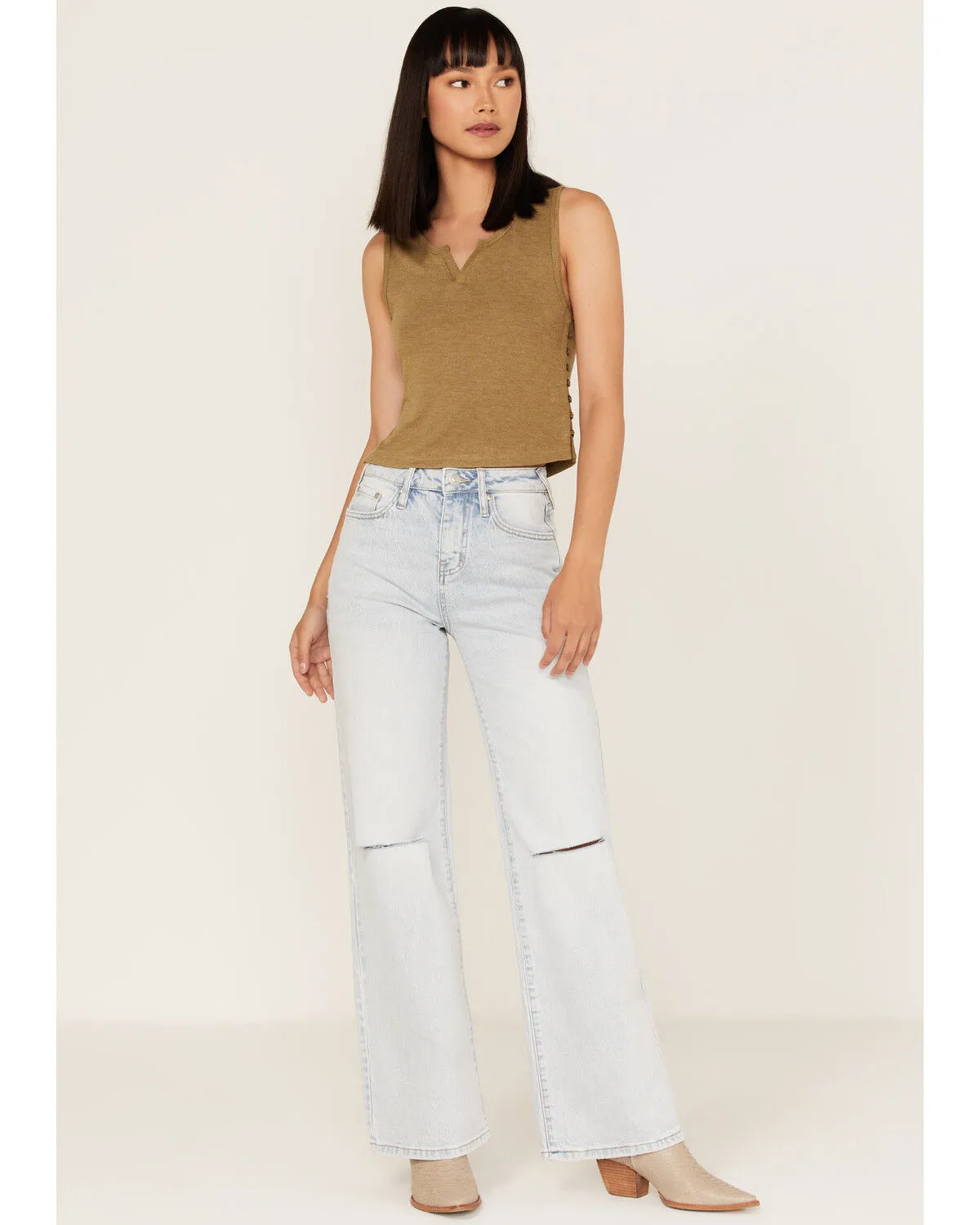 Cleo + Wolf Women's Light Wash High Rise Distressed Knee Flare Jeans