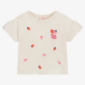 Girls Ecru Cotton Strawberry T-Shirt
