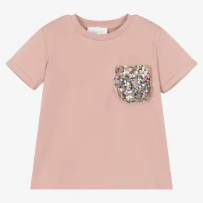 Girls Pink Cotton Sequin Pocket T-Shirt