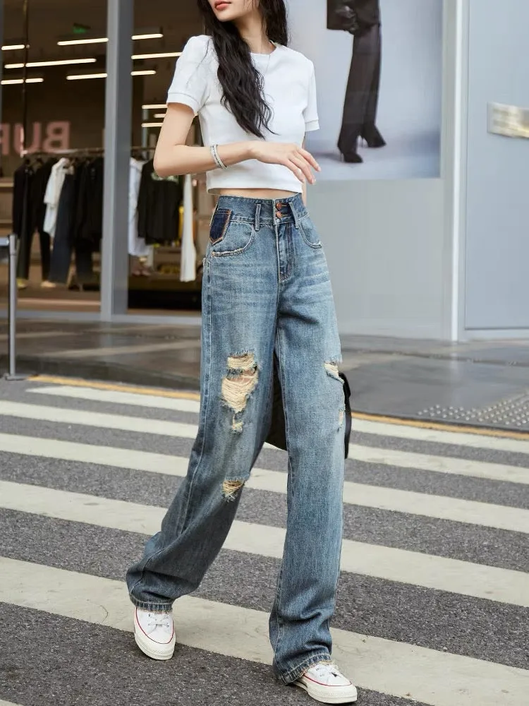High-waisted contrasting color straight-leg ripped jeans for women, loose wide-legged 2023 autumn new style hip-lifting drapey f