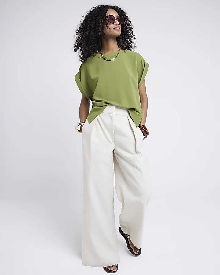 Khaki Crepe Turned Cuff T-Shirt