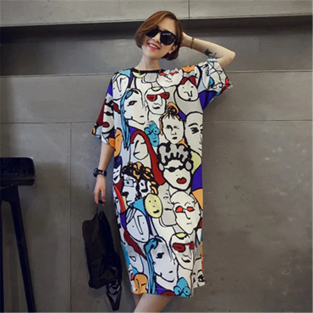 New  Summer Women Vestidos Casual Cartoon Character Print O-Neck Short Sleeve Dress Plus Size Loose Dresses 72485 GS