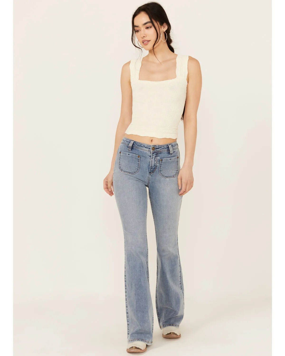 Shyanne Women's Luna Medium Wash High Rise Patch Pocket Flare Comfort Stretch Denim Jeans