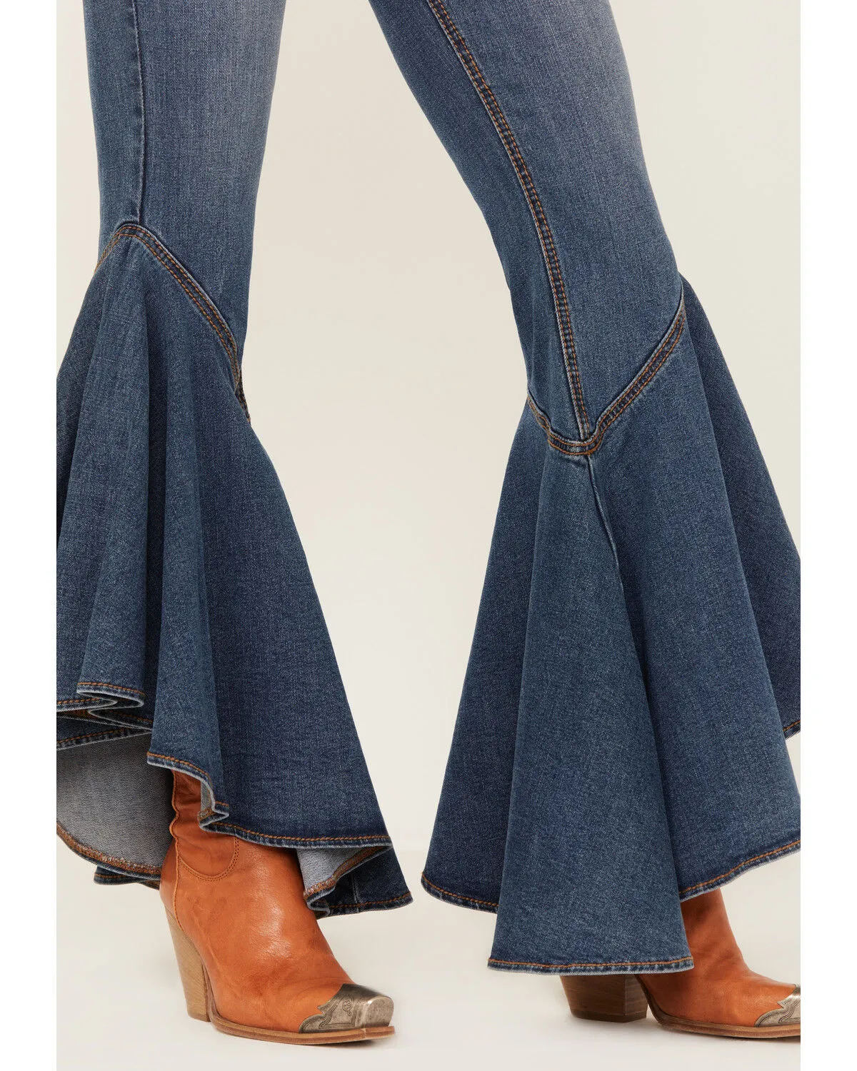 Shyanne Women's Medium Wash High Rise Ruffled Super Flare Stretch Jeans