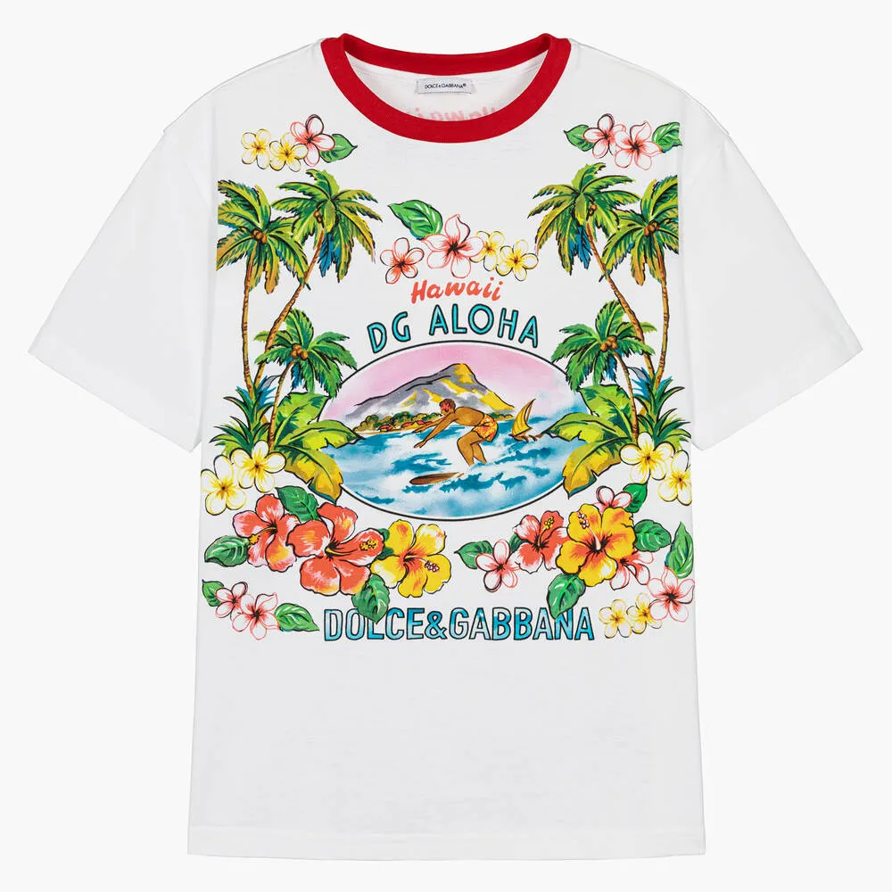 Teen Boys White Hawaiian Cotton T-Shirt