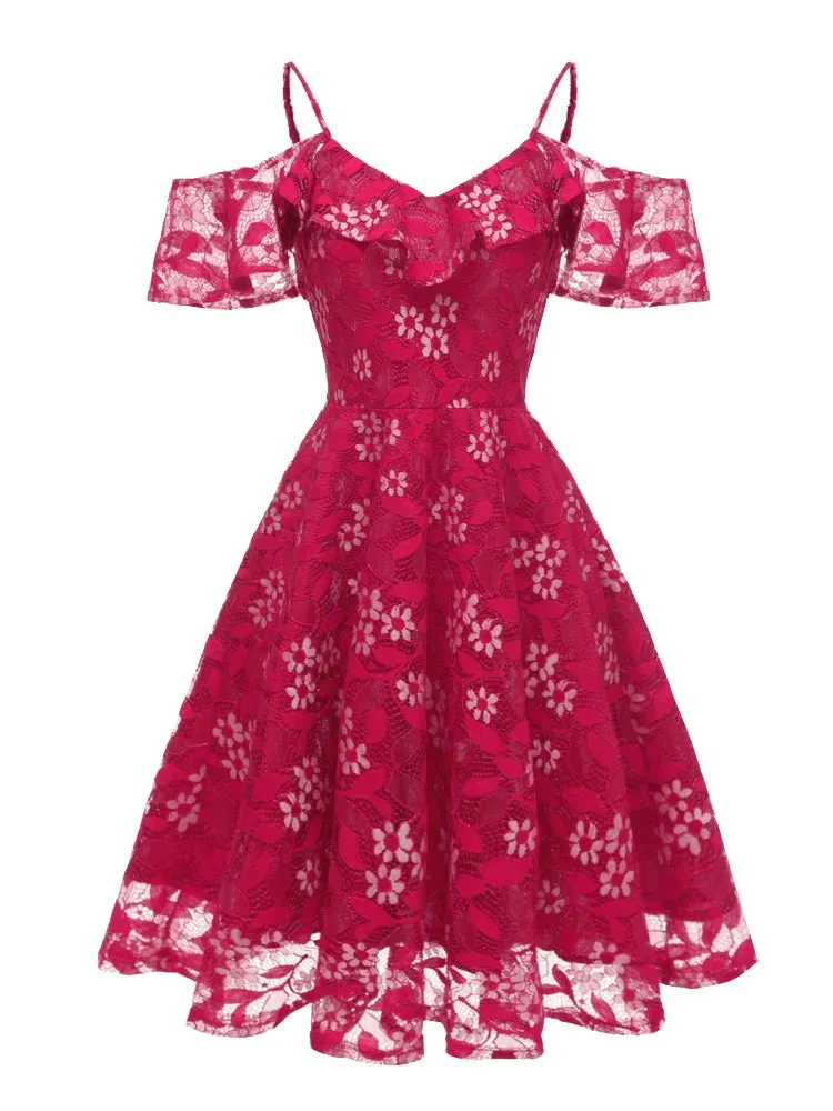 V-Neck Spaghetti Strap Ruffle Elegant Birthday Dress for Women Sexy Backless Cocktail Party Vintage Floral Lace Dresses