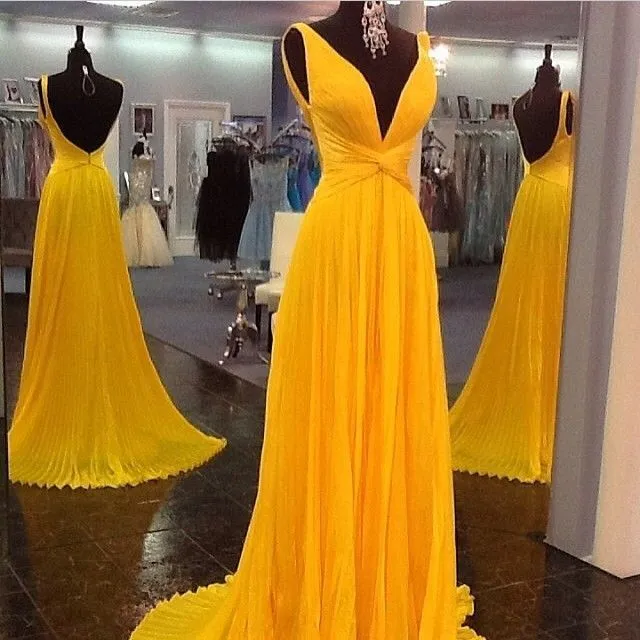 Yellow Prom Dresses,Backless Prom Gown,Open Back Evening Dress,Chiffon Prom Dress,Sexy Evening Gowns,Yellow Formal Dress,Wedding
