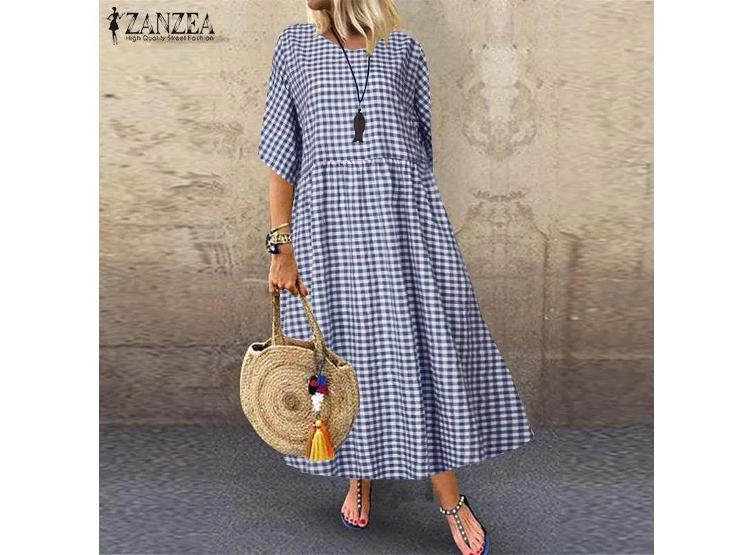 ZANZEA Women Plaid Check Summer Dress 2020 Female Casual Cotton Linen Maxi Vestidos Plus Size Ladies Bohemian Beach Sundress 5XL